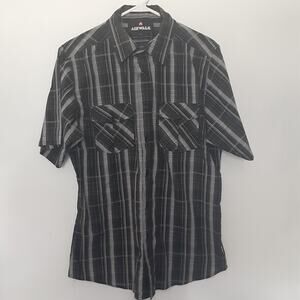 Airwalk Mens Size L Short Sleeve Button-Up Shirt Plaid Black Gray Skater